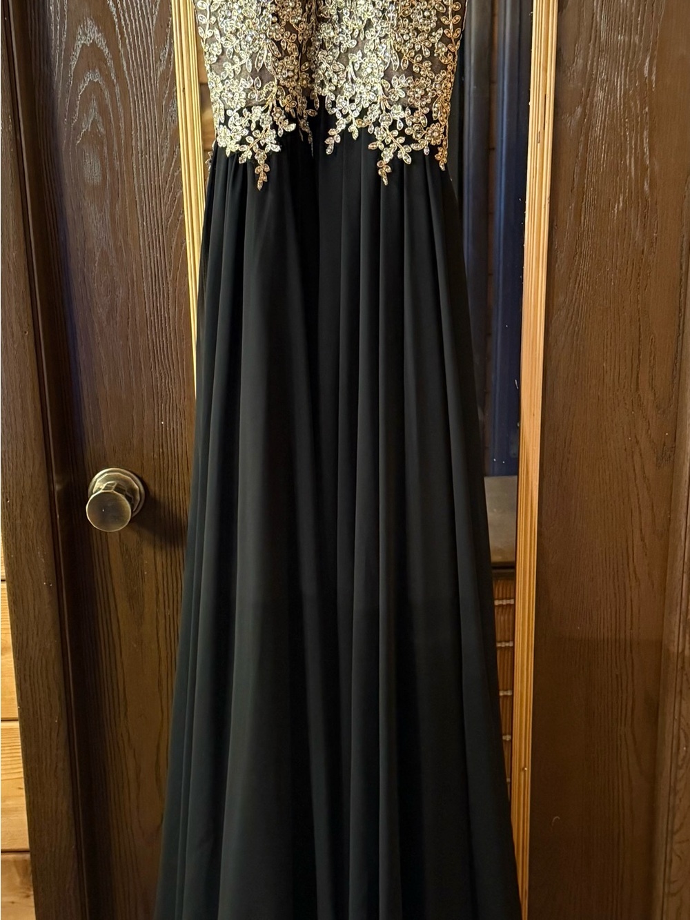 Dave & Johnny Black and Beige Evening Dress with Lace Accents